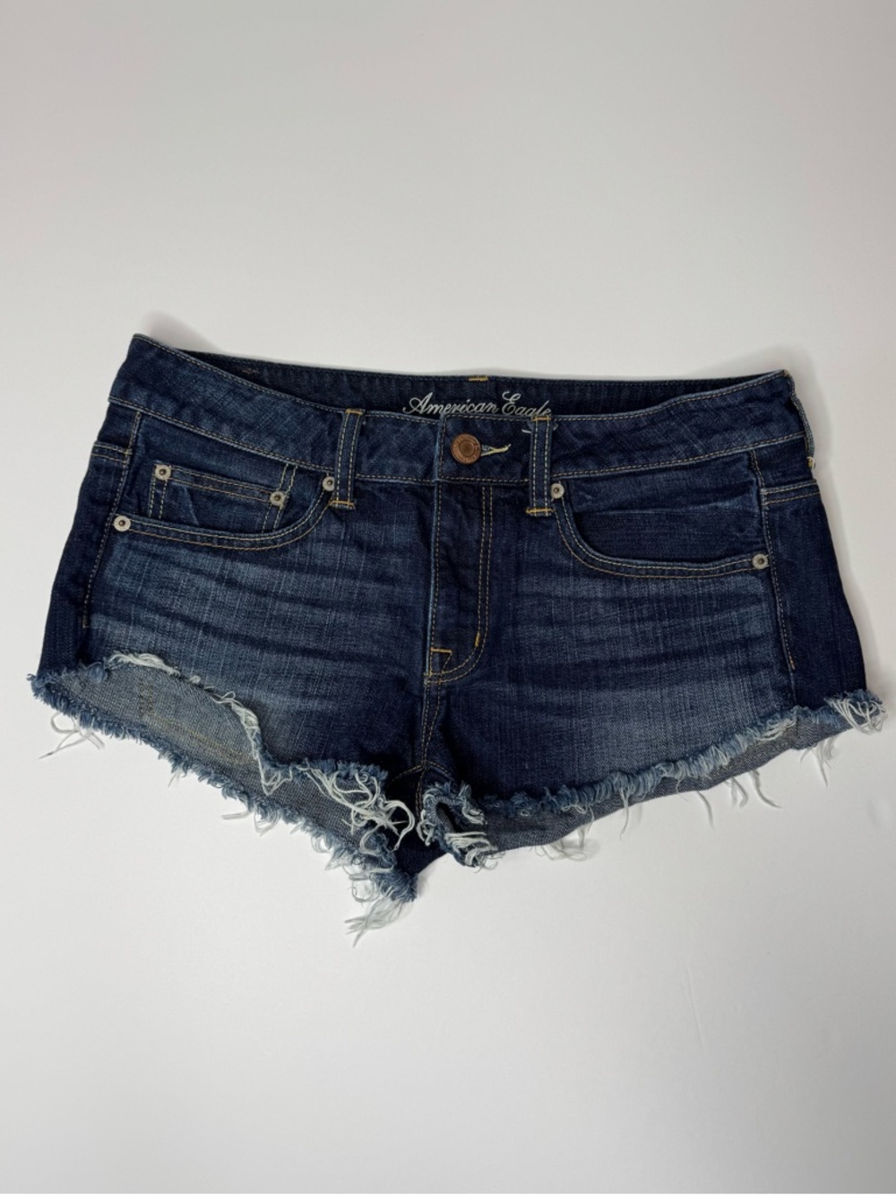 American Eagle Y2K Denim Mini Shorts Women’s Size 8 Distressed Low Rise